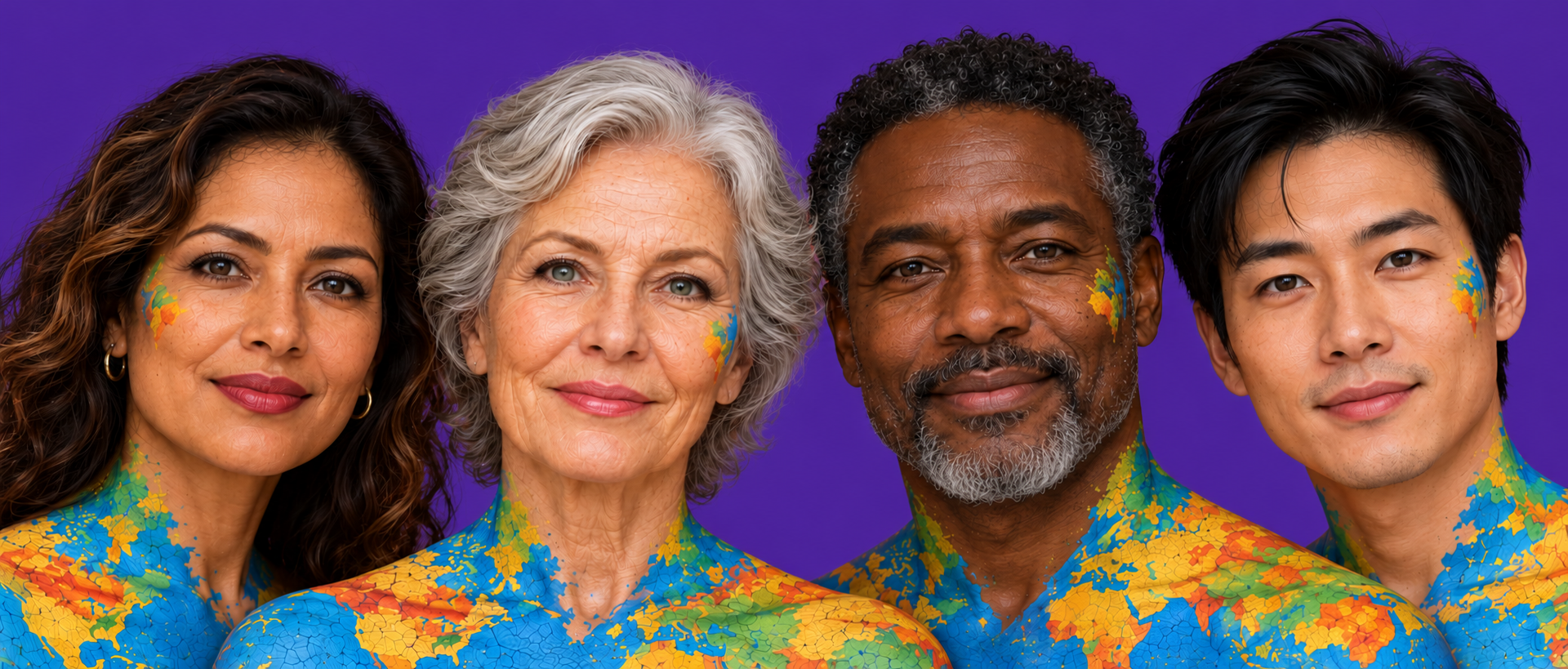 Four people of different ages and backgrounds, two women and two men, with world maps painted on their shoulders
