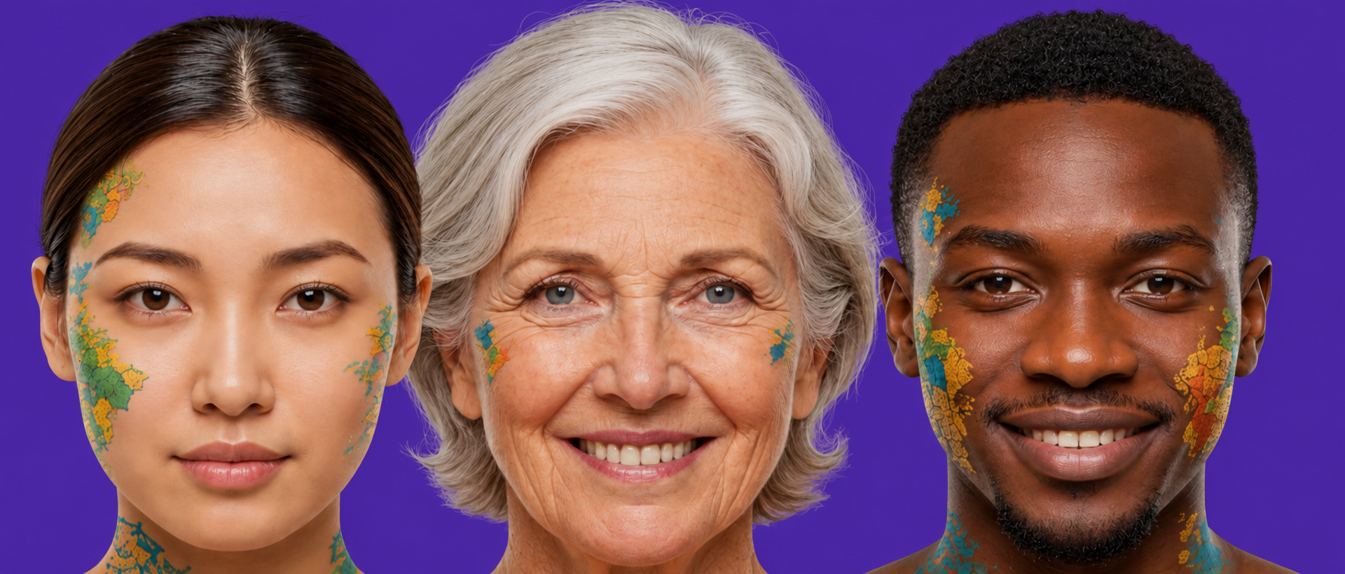 Three people of different ages and backgrounds, with world maps painted on their faces